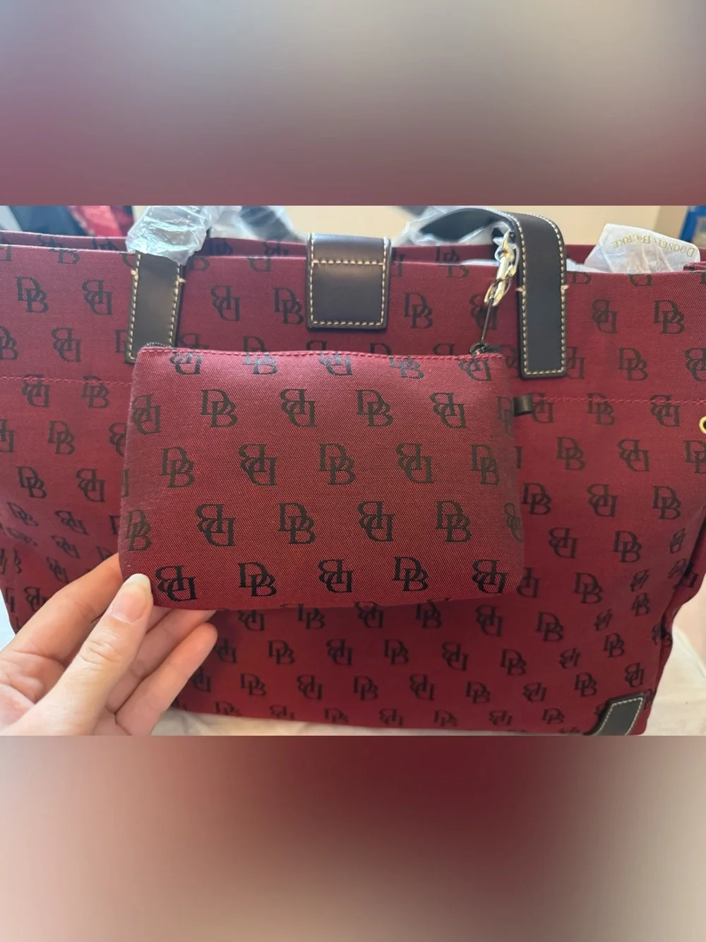 Dooney & Bourke Red Logo Canvas Tote with Brown Leather Trim